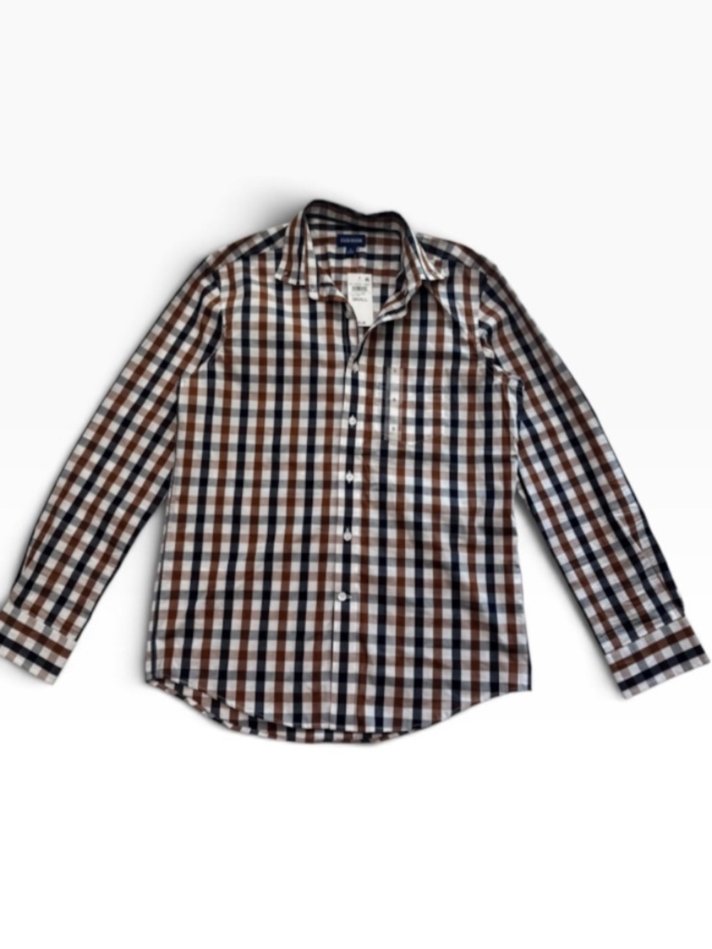 Club Room Men's Small Plaid Long Sleeve Button Down Shirt Brown Navy White - NWT